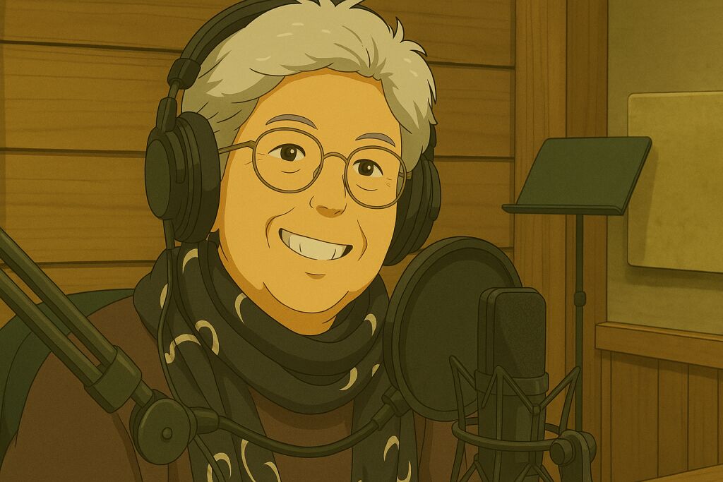 Birgit Pauli-Haack in a drawing rendition - a women with a wide smile, grey hair and round glasses in front of a microphone. 