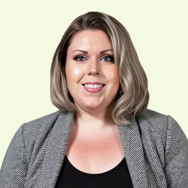Portrait of Stacey Watson. A smiling woman with short blonde hair in a grey jacket and black shirt.