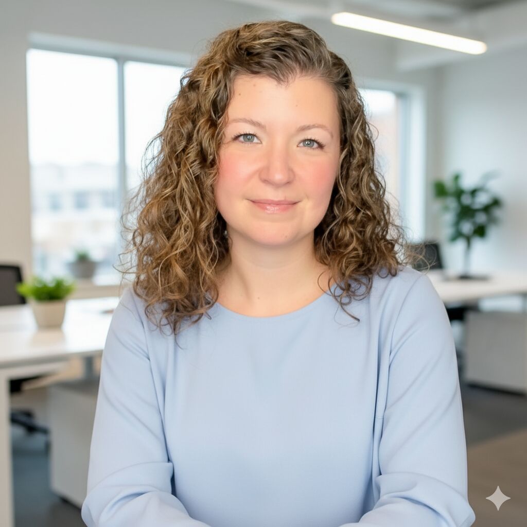 Young woman with curly blond hair and kind smile.
